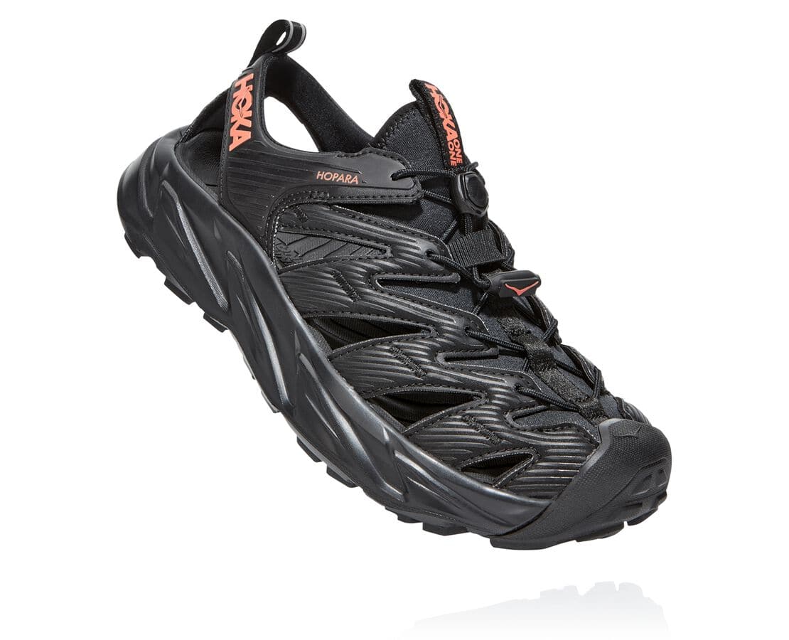 Hoka One One Hopara Damen Erholungssandalen Schwarz / Koralle | (DE-7981JBAFR)